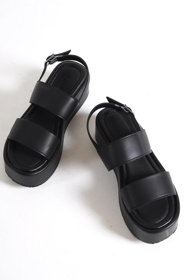 Capone Kalın Çift Bantlı Dolgu Topuklu Siyah Kadın Flatform Sandalet - 6