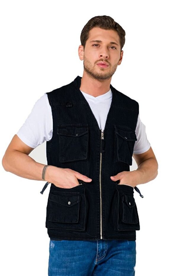 Multi-Pocket Denim Vest, Navy Blue -118E2145- Four Seasons-Outdoor