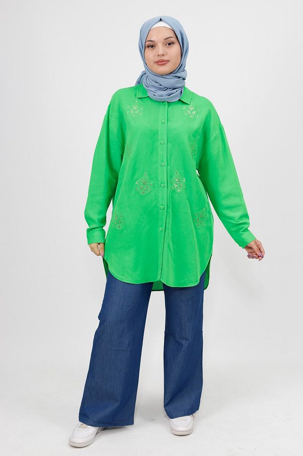 Pul Ve Nakış Detaylı Oversize Keten Kumaş Gömlek - 1