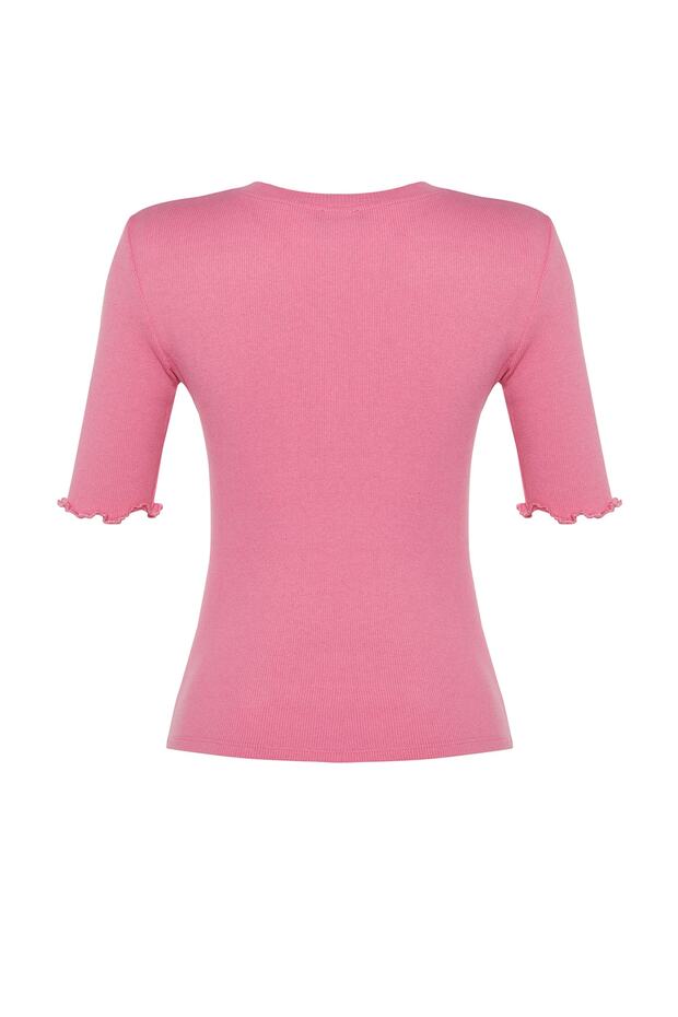 Pembe Fitilli Fitted/Vücuda Oturan Bisiklet Yaka Esnek Örme Bluz TWOSS23BZ00025 - 8