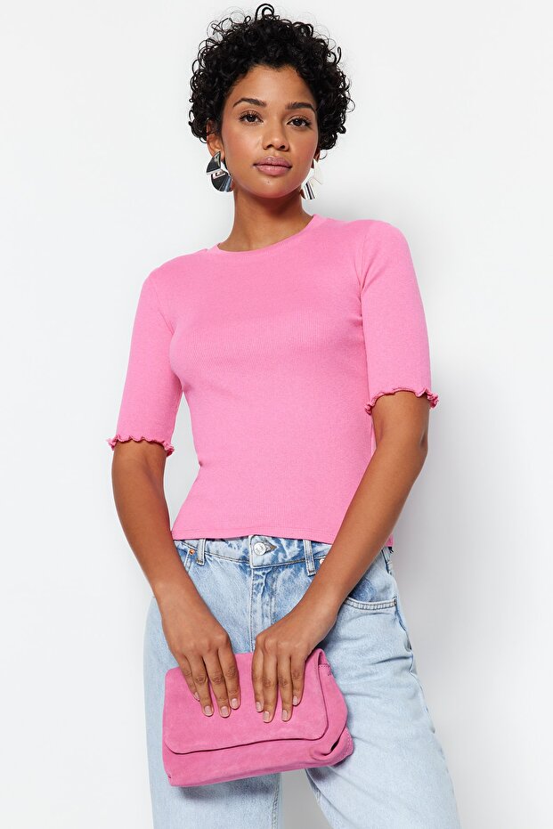 Pembe Fitilli Fitted/Vücuda Oturan Bisiklet Yaka Esnek Örme Bluz TWOSS23BZ00025 - 3
