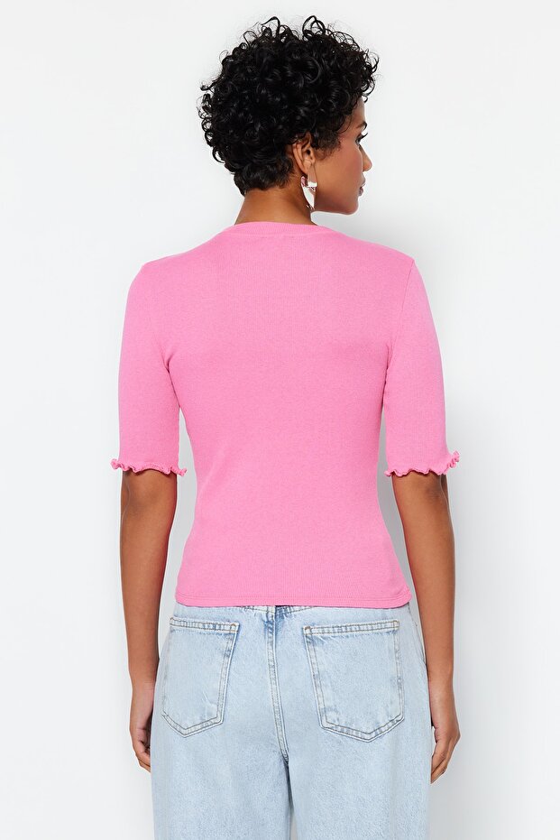 Pembe Fitilli Fitted/Vücuda Oturan Bisiklet Yaka Esnek Örme Bluz TWOSS23BZ00025 - 6
