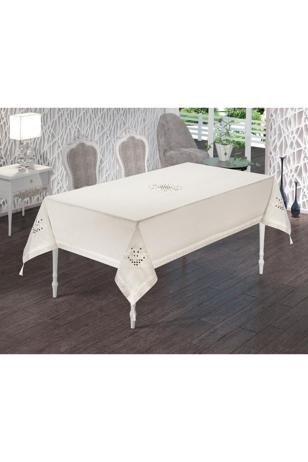 Cream Tulip Embroidered Dartless Table Cloth with Tassels