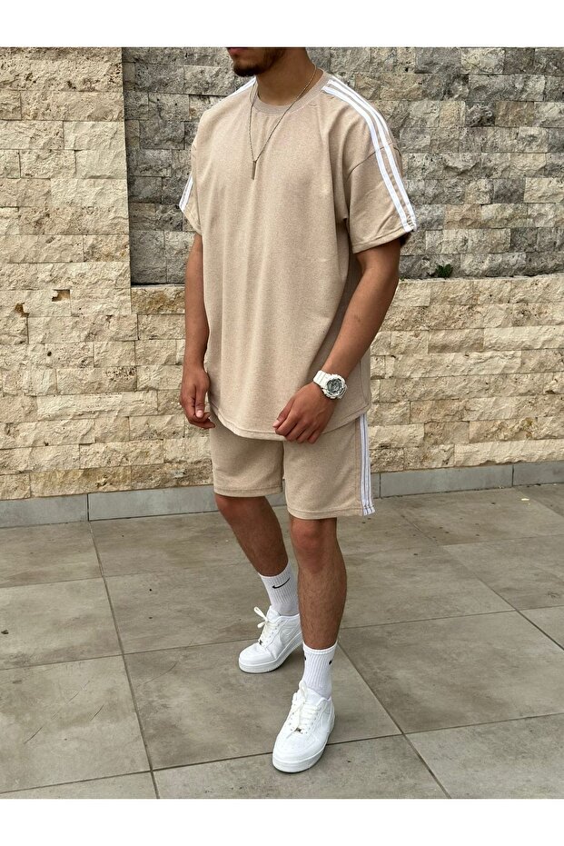 2'li Şort Tshirt Biyeli Takım Bej - 2