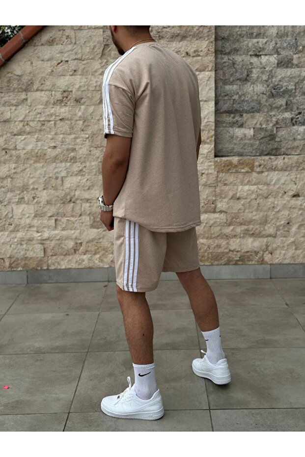2'li Şort Tshirt Biyeli Takım Bej - 3