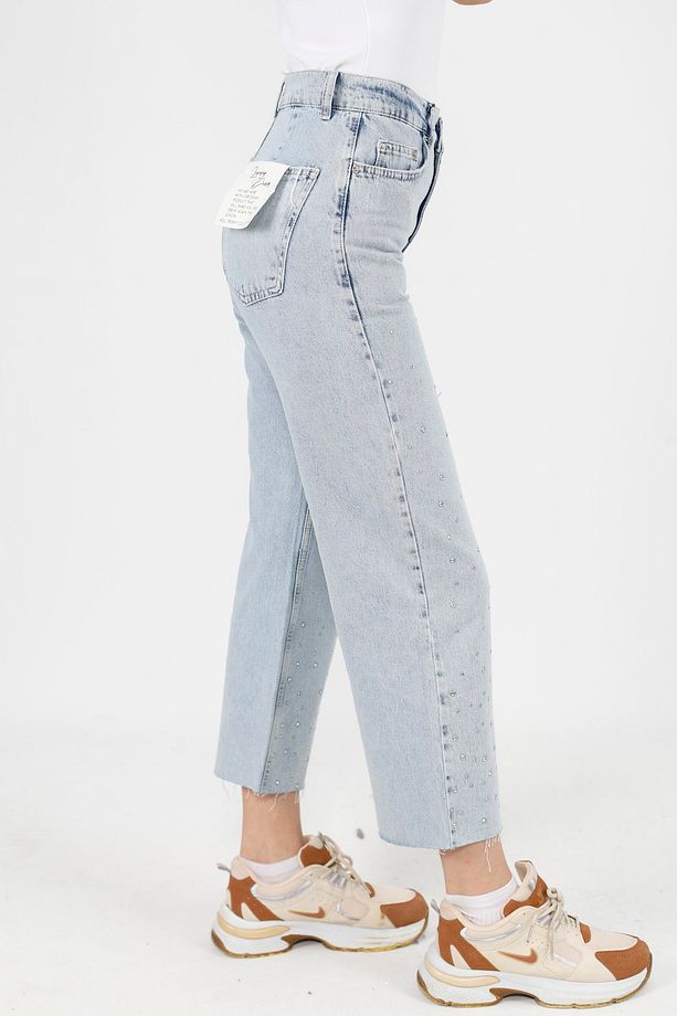 Önü Taş Detaylı Geniş Paça Kot Pantolon - 3