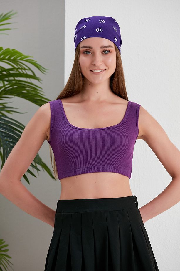 Mor Fitted/vücuda Oturan Havuz Yaka Fitilli Esnek Örme Atlet - 2