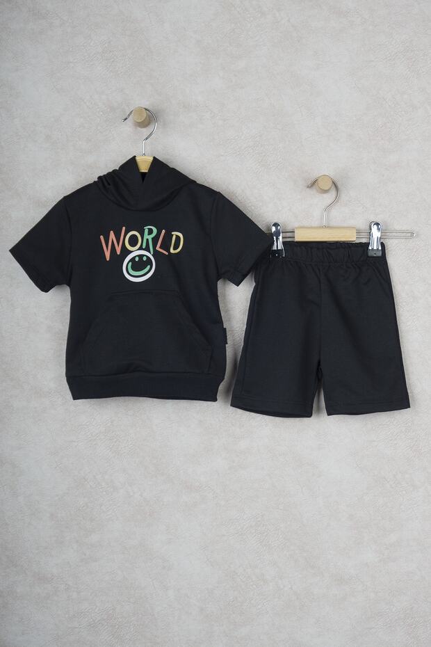 World Smiling Face Hooded Kids' Double Set with Kangaroo Pocket Shorts