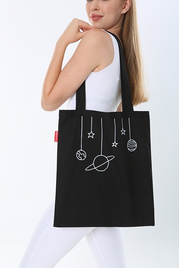 Hanging Planets Printed Black Cloth Bag
