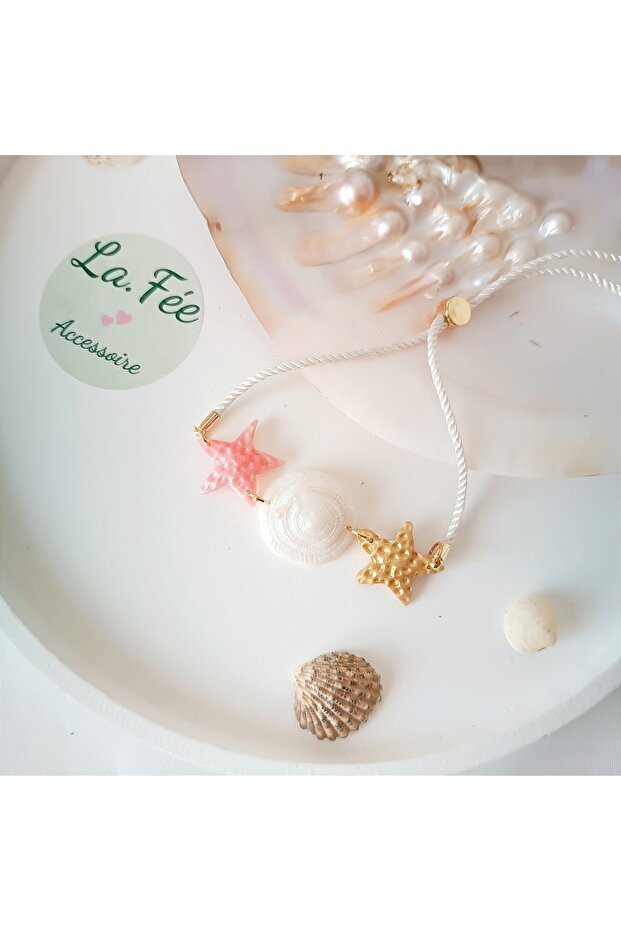 Pink Oyster Starfish Shell Pearl Detail Handmade Polymer Clay Bracelet