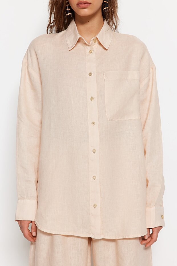 Bej %100 Keten Oversize Gömlek TWOSS23GO00443 - 8