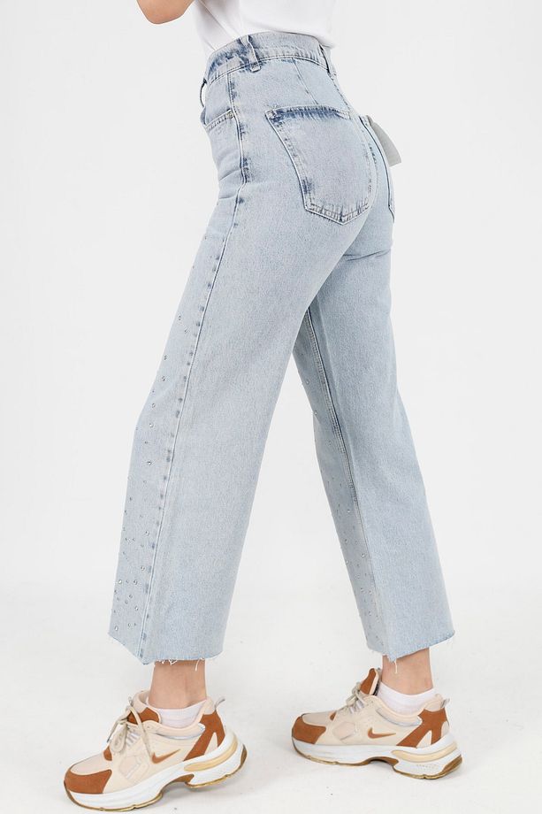 Önü Taş Detaylı Geniş Paça Kot Pantolon - 4