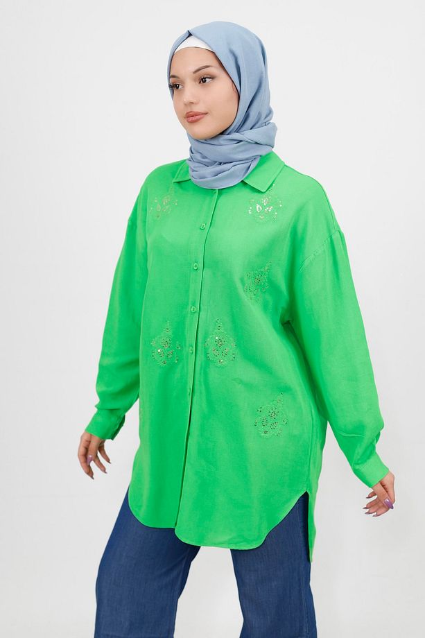 Pul Ve Nakış Detaylı Oversize Keten Kumaş Gömlek - 2