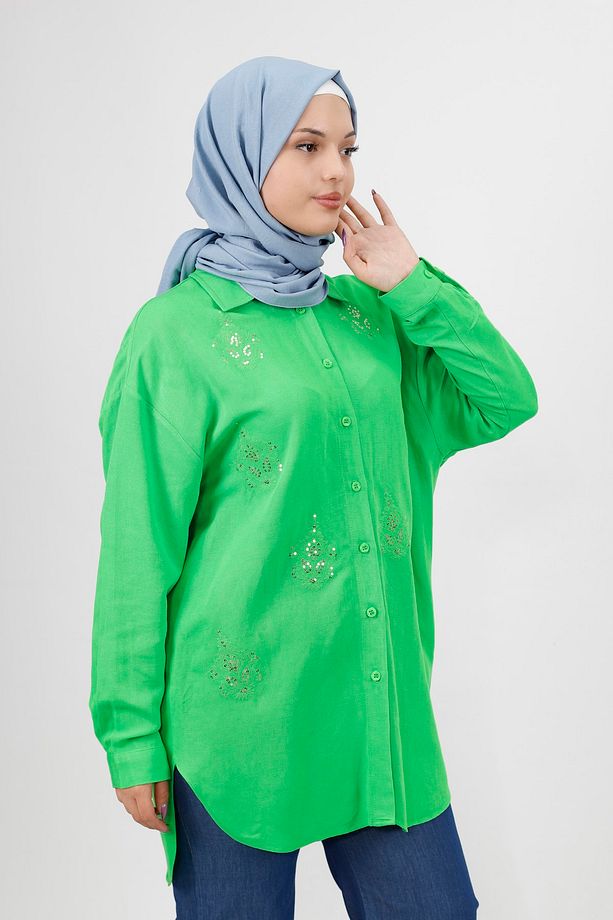 Pul Ve Nakış Detaylı Oversize Keten Kumaş Gömlek - 3