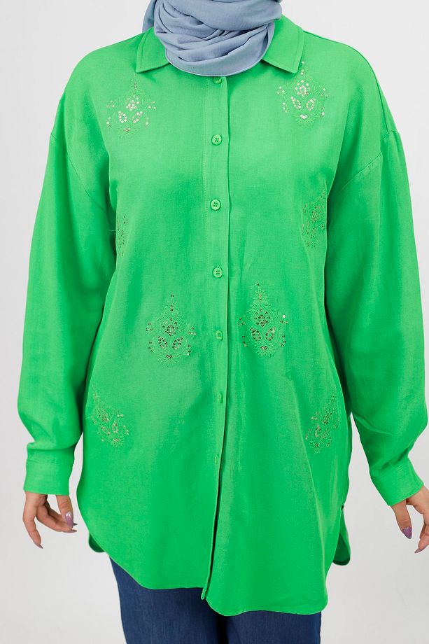 Pul Ve Nakış Detaylı Oversize Keten Kumaş Gömlek - 4