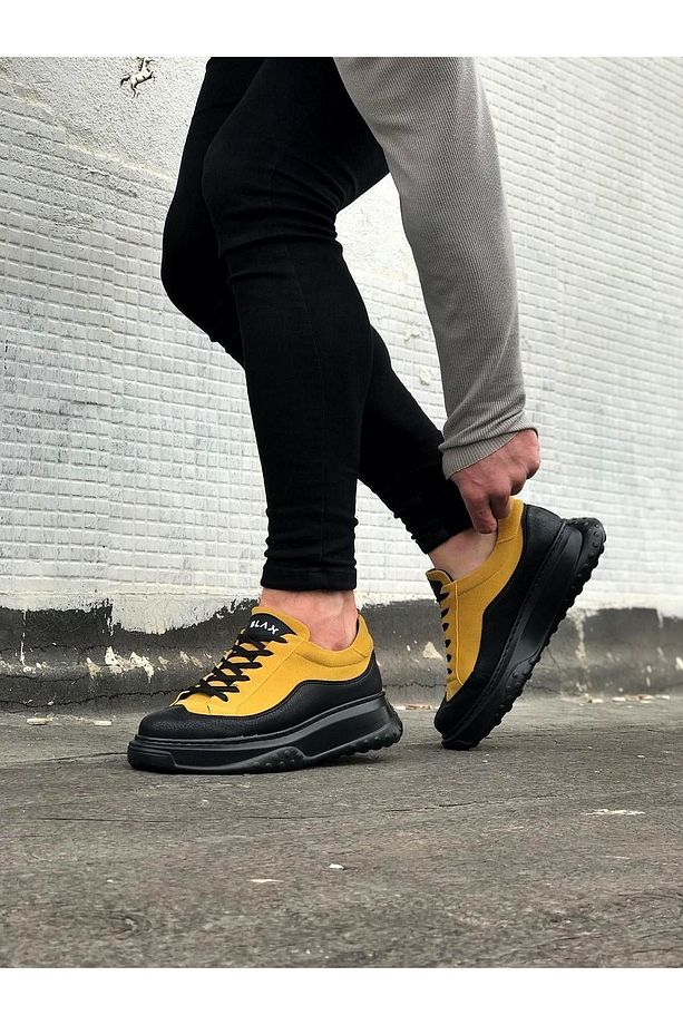 P507 Bağcıklı Yüksek/kalın Ortopedik Taban Erkek Spor Sneaker Ayakkabı St Sarı/siyah - 4