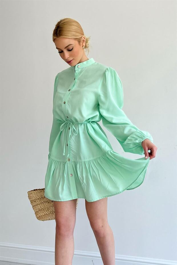 Kadın Boydan Düğmeli Beli Ipli Dokuma Elbise, Poplin Elbise - 1
