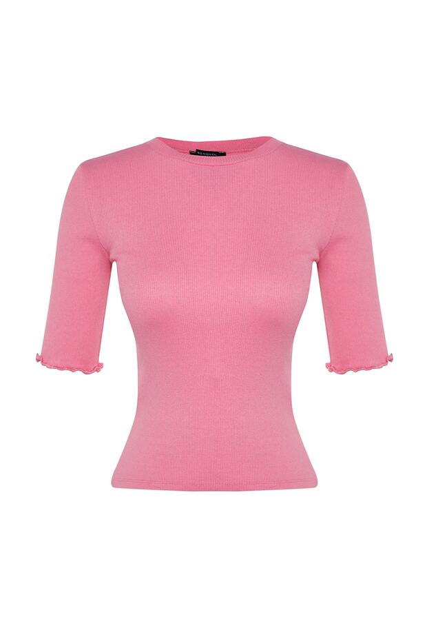 Pembe Fitilli Fitted/Vücuda Oturan Bisiklet Yaka Esnek Örme Bluz TWOSS23BZ00025 - 7