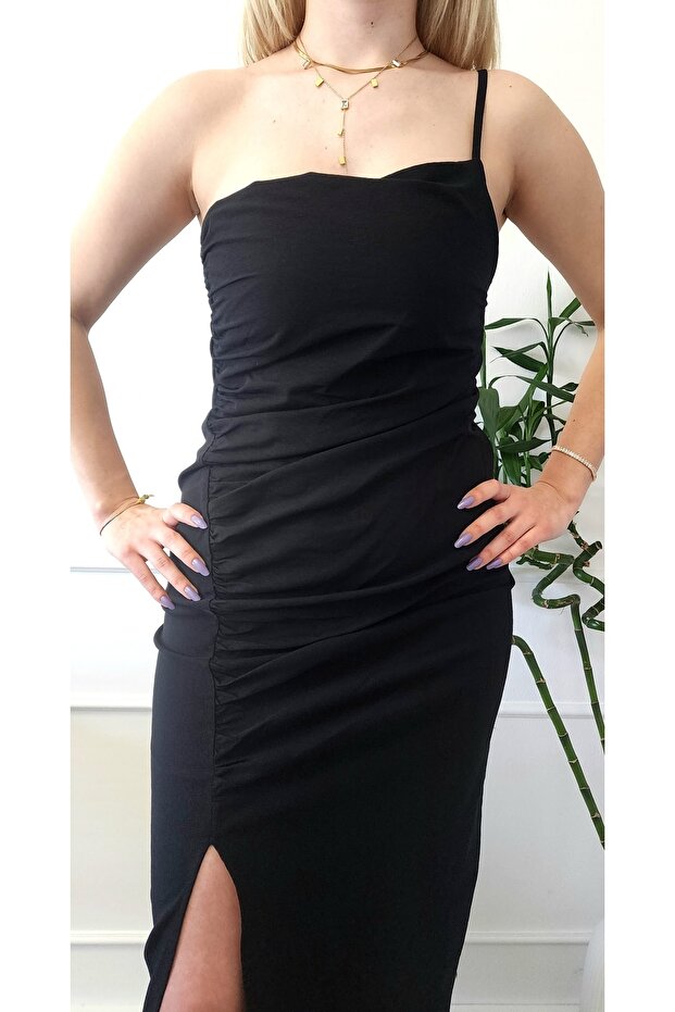 Asimetrik Drapeli Elbise - 5