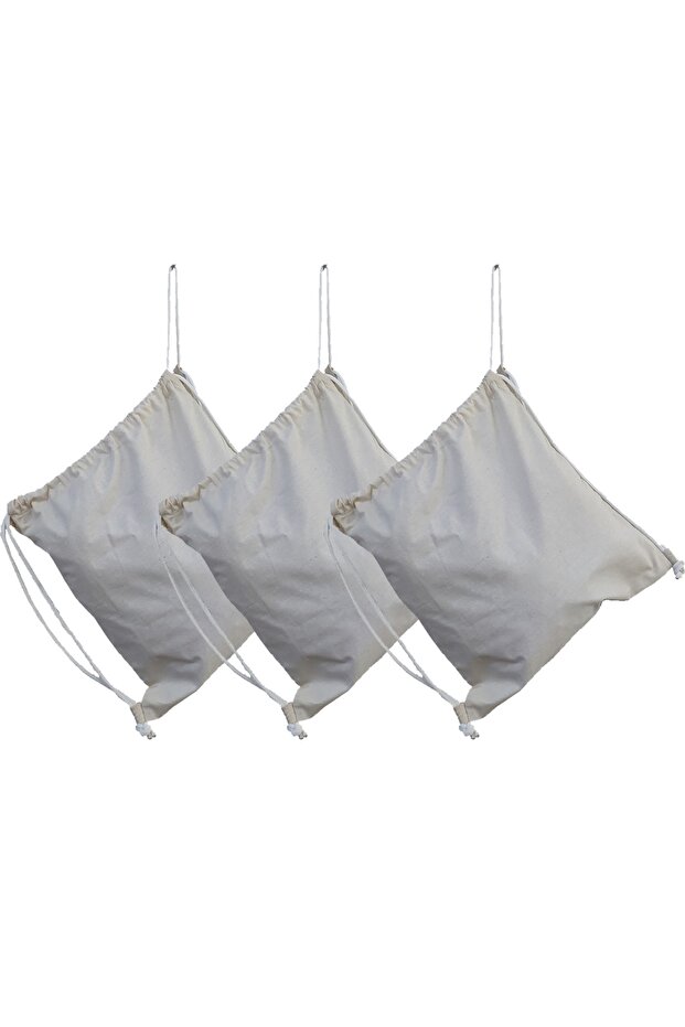 3 Pieces Cream Drawstring Backpack Raw Fabric