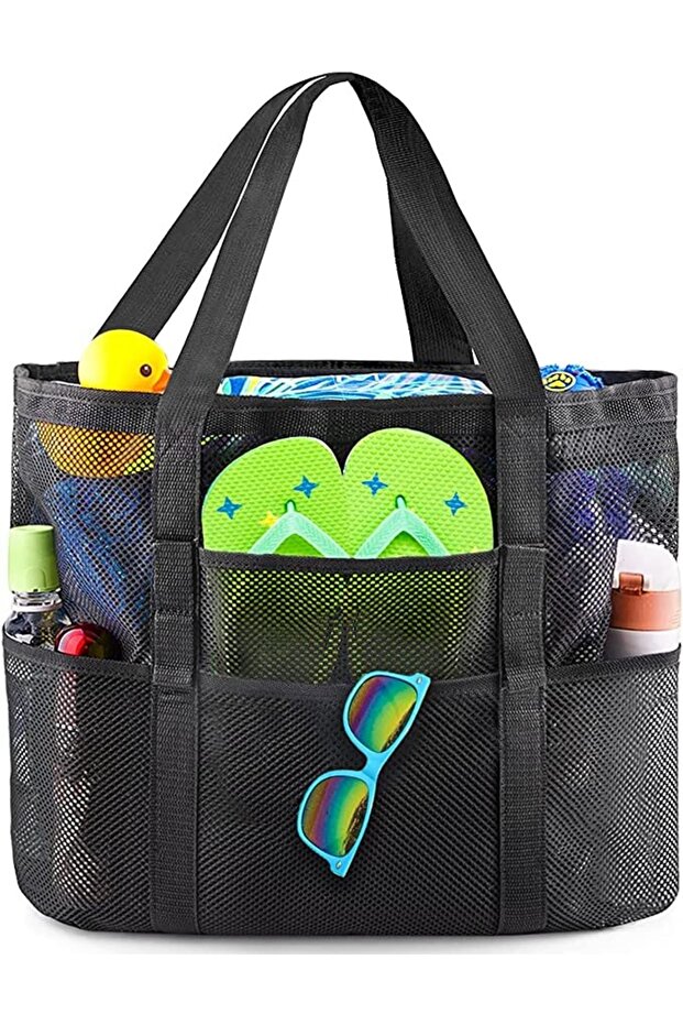 Beach Bag - Large Lightweight Mesh 9 Compartments Wide Black