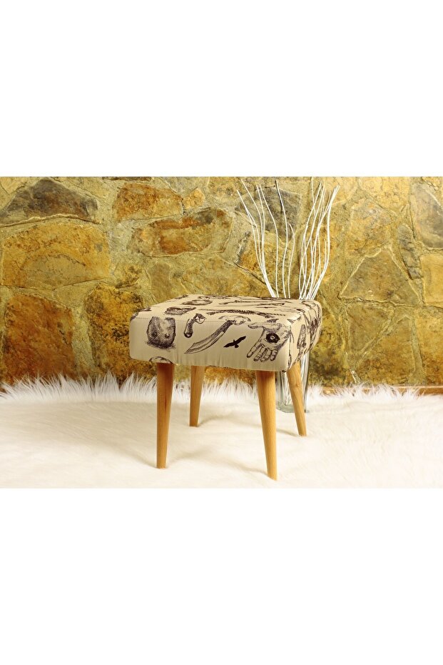 Retro Puf - Dokuma Kumaşlı (baskı Değildir) - Masif - 40cm X 40cm - Bej - 1