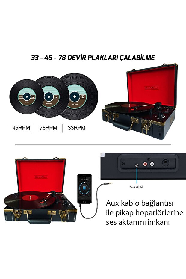 T317ub Pikap Plak Çalar - Siyah - Bluetooth, Şarjlı - 33, 45, 78 Devir - Universal Iğneli - 3