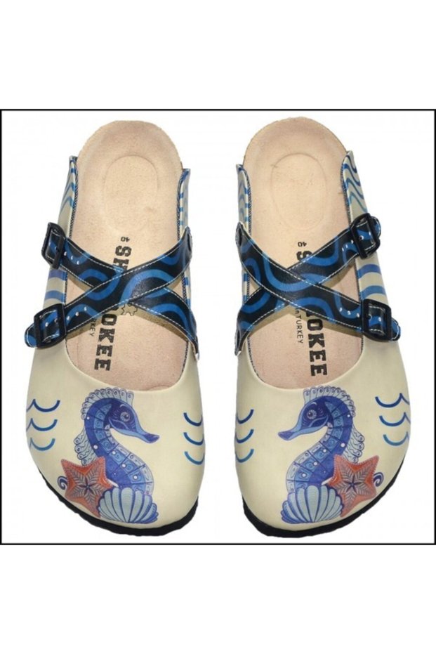 Women's Beige Seahorse Printed Slippers
