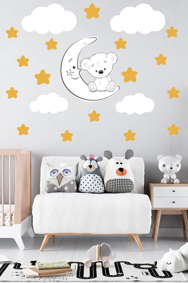 Cute White Teddy Bear Yellow Stars And Clouds Decorative Baby Kids Room Wall Sticker