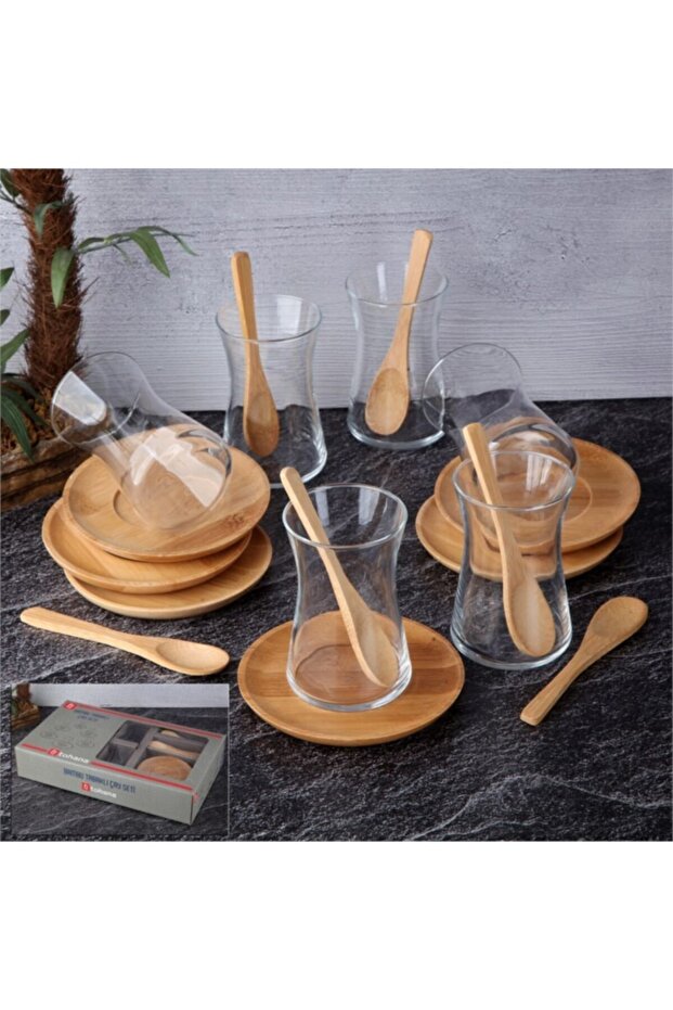 Bambu Tabaklı Cam Çay Seti - 1