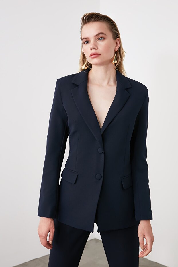 Lacivert Regular Astarlı Dokuma Blazer Ceket TWOSS20CE0126 - 16