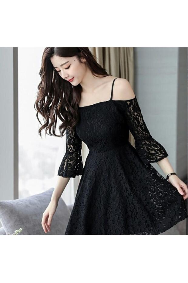 Kadın Siyah Dantelli Mini Elbise - 1