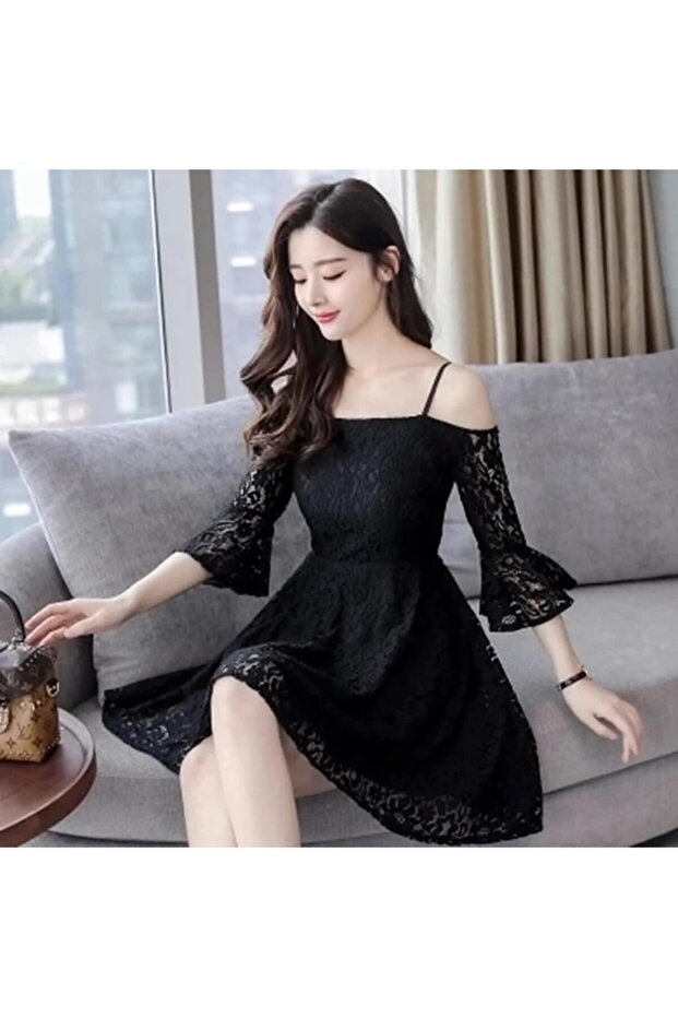 Kadın Siyah Dantelli Mini Elbise - 2