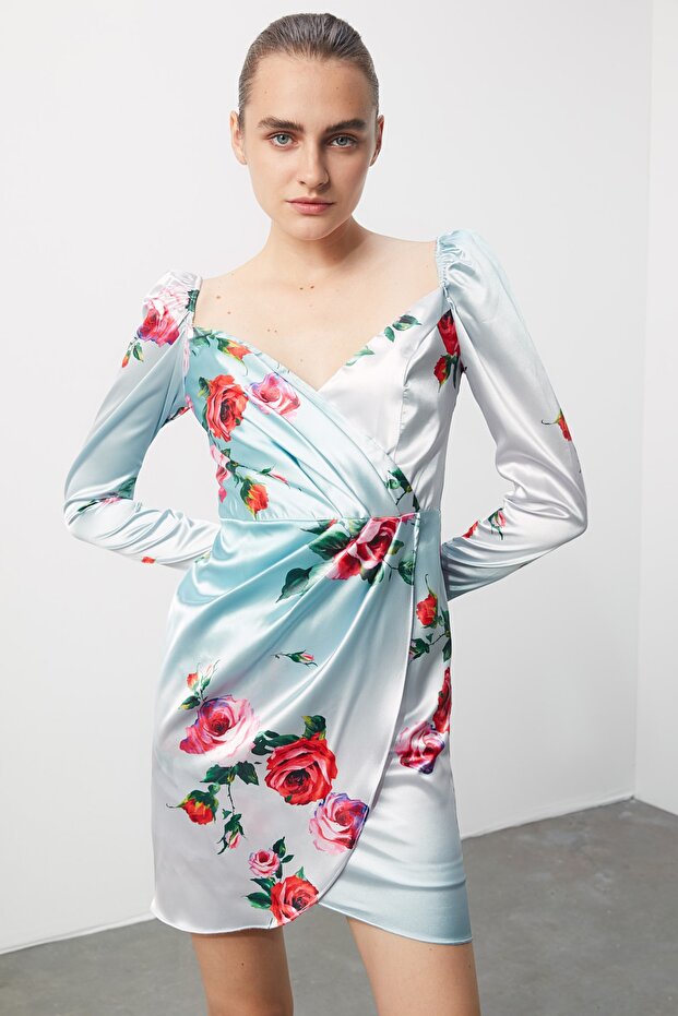 Çiçek Desenli Saten Elbise TPRSS20EL0252 - 2