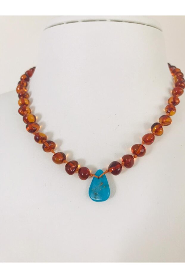 Certified Original Amber Baby Teeth Necklace 33 cm with Turquoise Stone