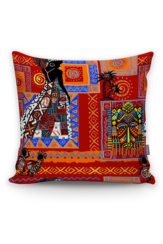 Etnic Human and Tree Printed Throw Pillow Cover with Africa Ornament on Red Background