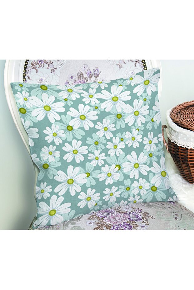 غطاء وسادة منقوش متعدد الأقحوان على خلفية زرقاء - 2