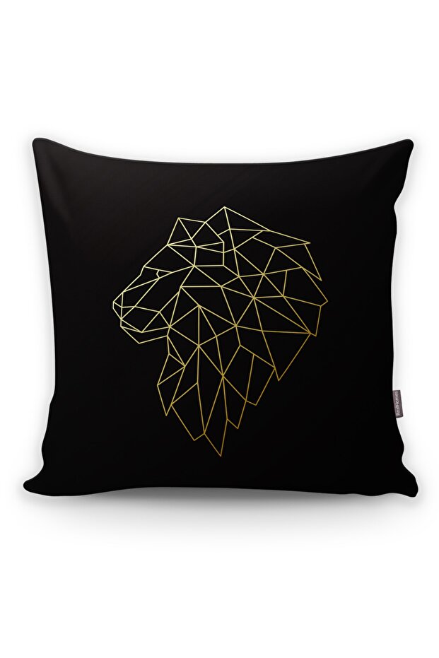 Special Design Throw Pillow Cover on Black Background with Gold Geometric Lion Drawing