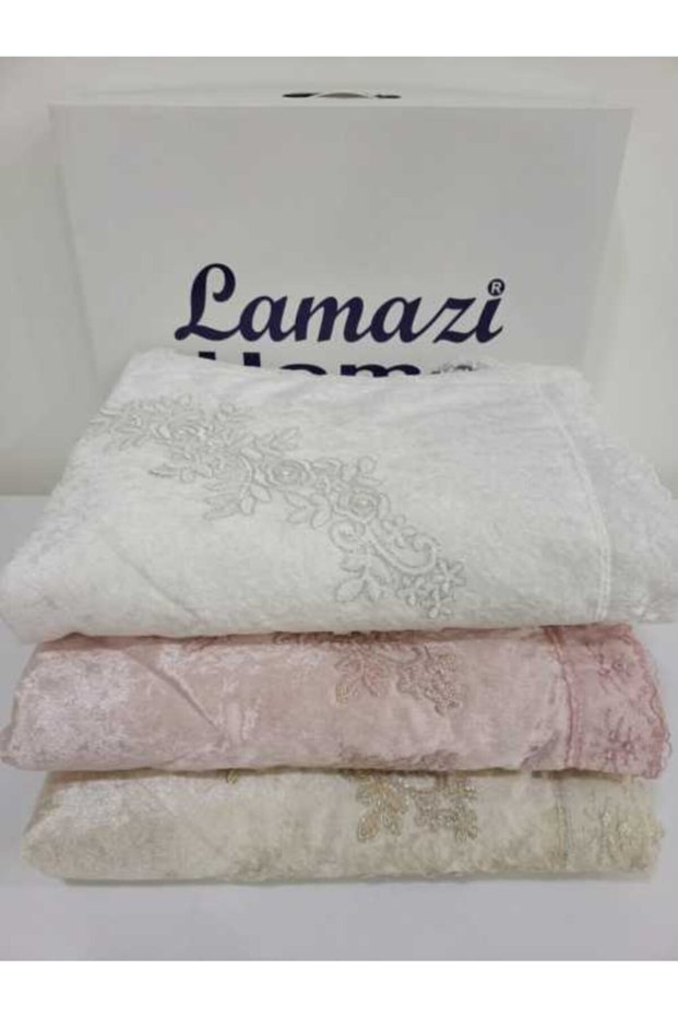 3-Piece Velvet Prayer Rug Cream Powder Cappucino Bridal Dowry Prayer Rug