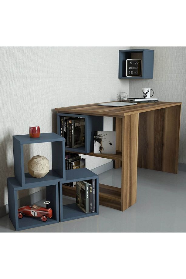 Box Çalışma Masası Ve Kitaplık Takımı - Ceviz / Mavi - 2