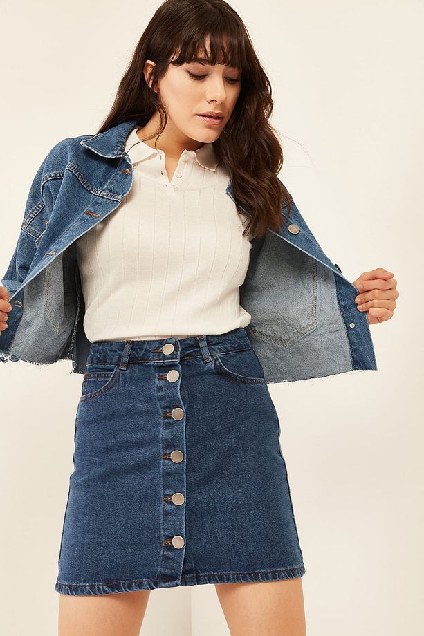 Kadın Mavi Düğmeli Cepli Denim Etek ETK-19000024 - 3