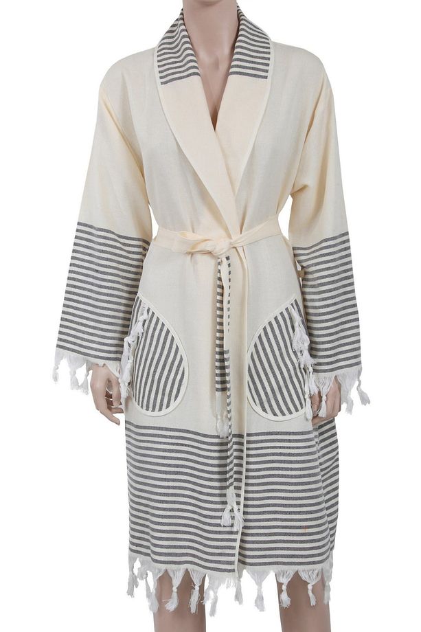 Peştemal Bornoz Kimono Yaka Burgata Krem Siyah - 1