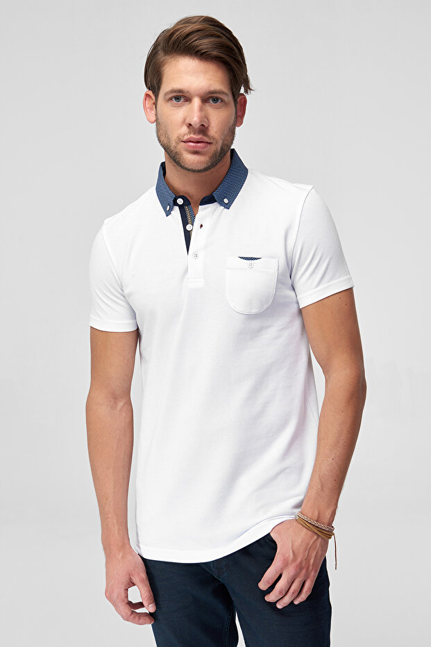 Golf Port Beyaz Erkek Pamuk T-Shirt  - Cepli Kısa Kollu Dokuma Polo Yaka - 2