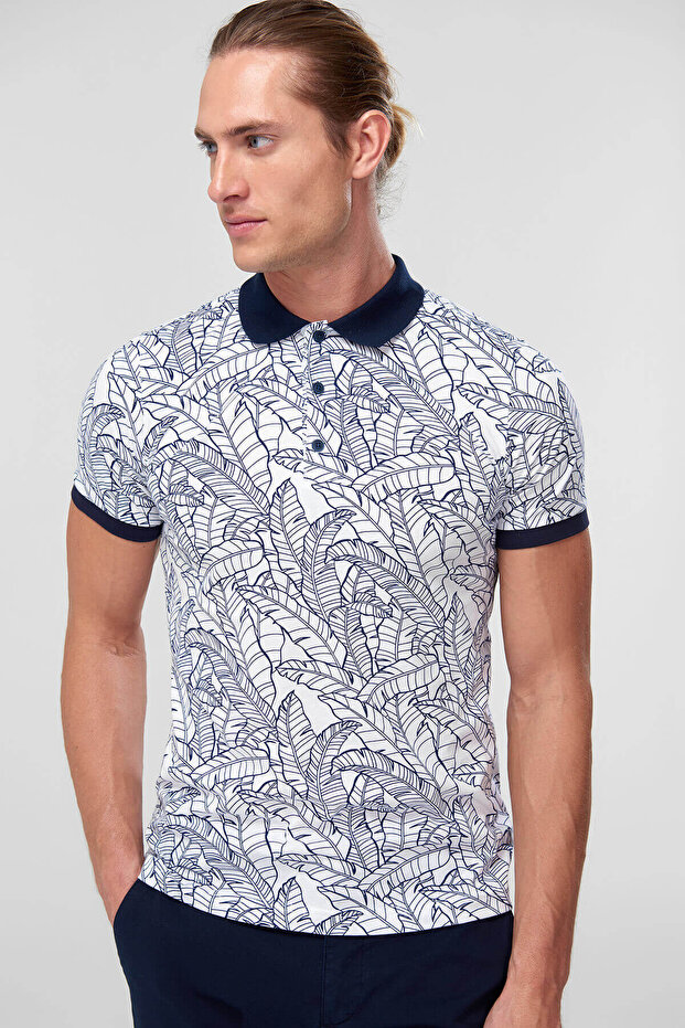 Handeks Beyaz Erkek Polo Yaka T-Shirt - Yaprak Desenli - 3