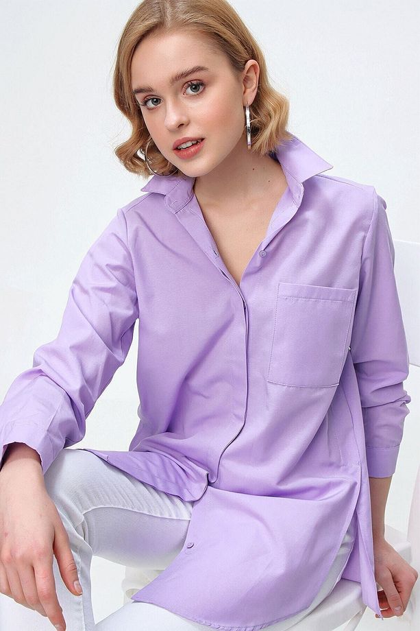 Kadın Lila Oversize Cepli Gömlek - 3