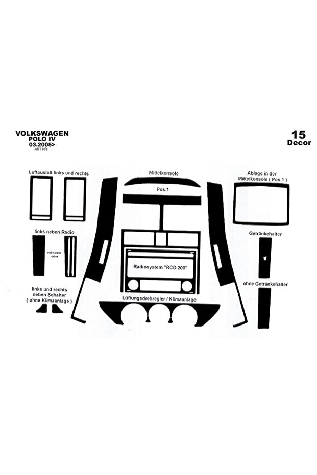 Meric® Volkswagen Polo Front Torpedo Covering Glossy Black 15 Pieces 2005-2009