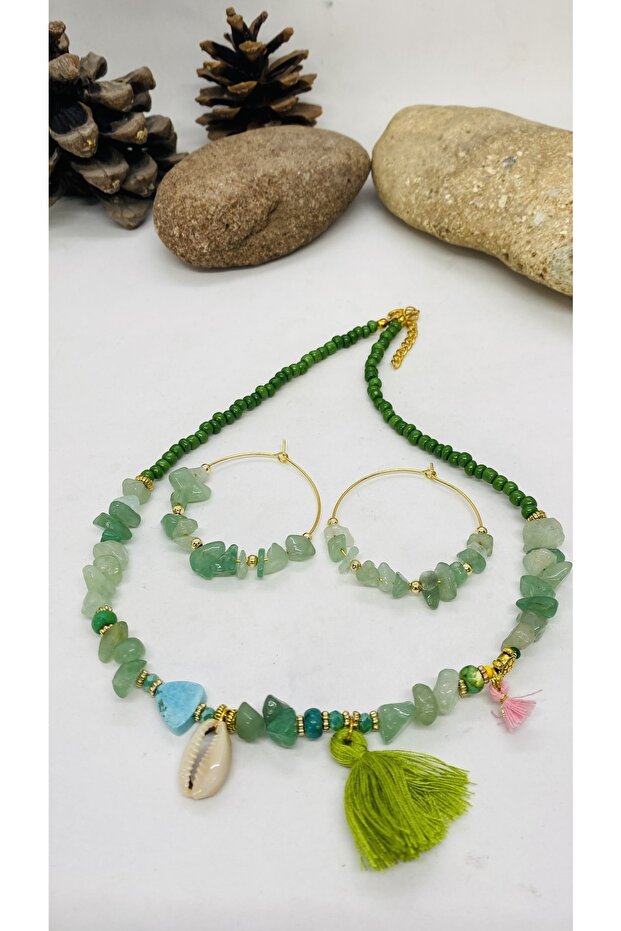 Handmade Ethnic Natural Stone (Jade Stone) Women Necklace Earring Set