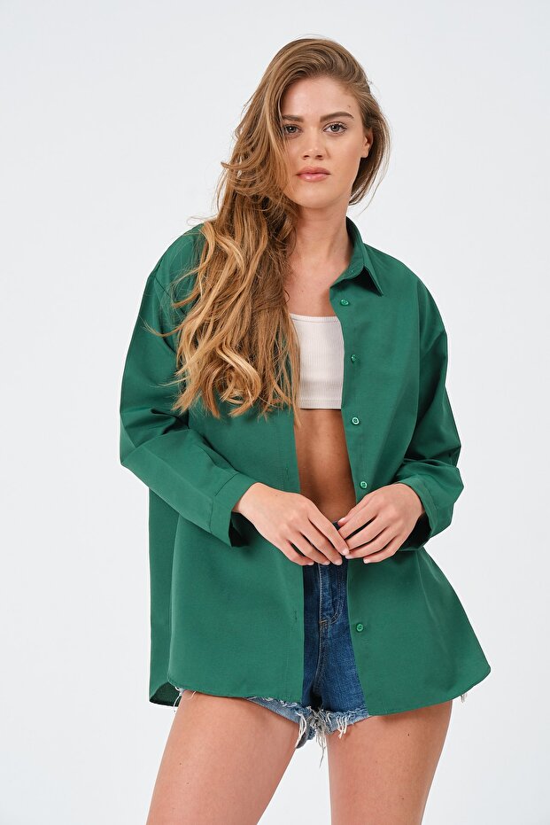 Kadın Zümrüt Oversize Uzun Basic Gömlek - 1
