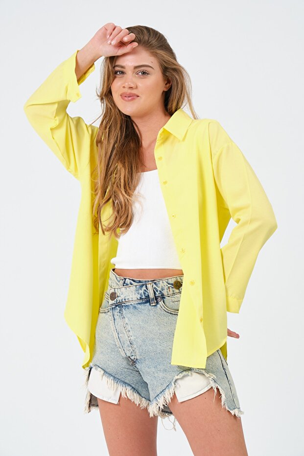 Kadın Sarı Oversize Uzun Basic Gömlek - 8