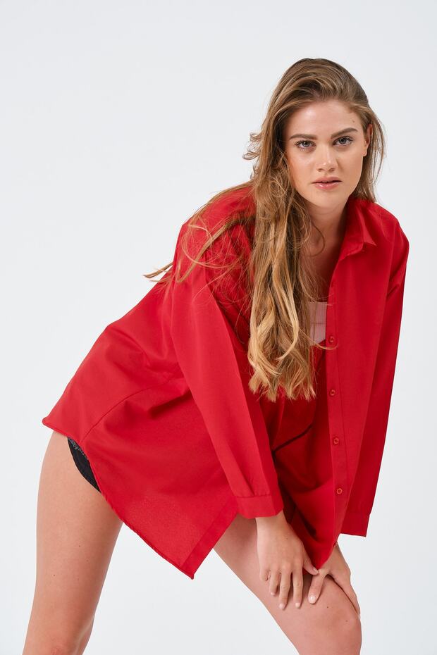 Kadın Kırmızı Oversize Uzun Basic Gömlek - 4